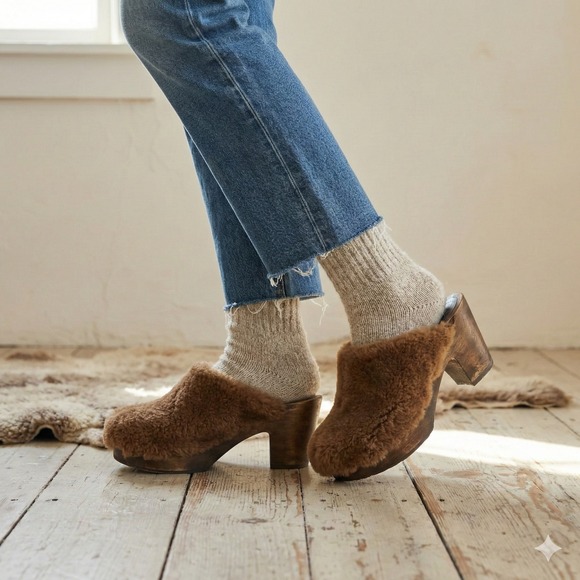 No. 6 Shoes - No 6 Kira Shearling Clogs Womens 40 US 10 Brown Wooden Platform Block Heel Shoes